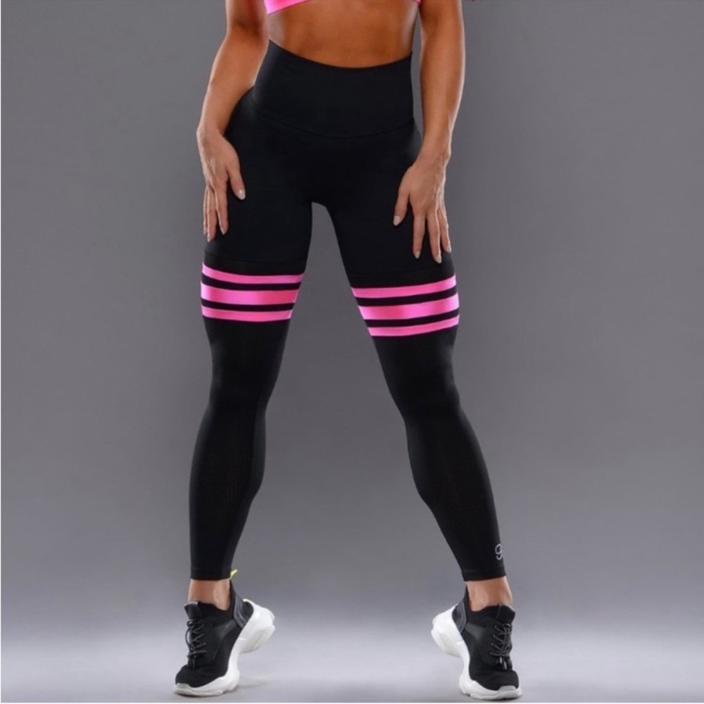 Black and Pink High-Waisted Leggings with Stripes